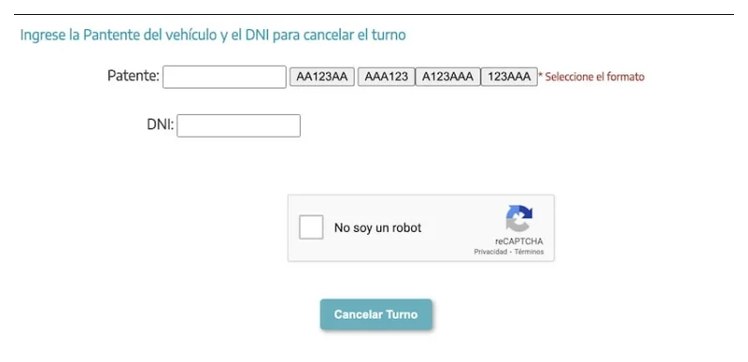 Pantalla para cancelar el turno de la VTV en Berazategui con patente y DNI
